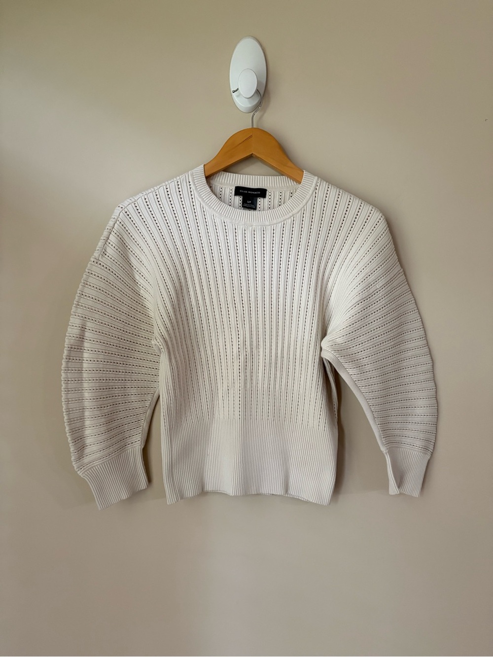 CLUB MONACO Cream Barrel Sleeve Ribbed Knit Crewneck Sweater